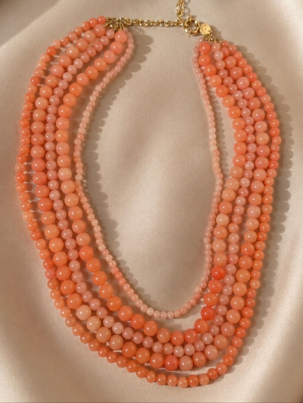 Talbots Coral Pink Glass Bead Statement Necklace Multi Strand Coastal Nautical